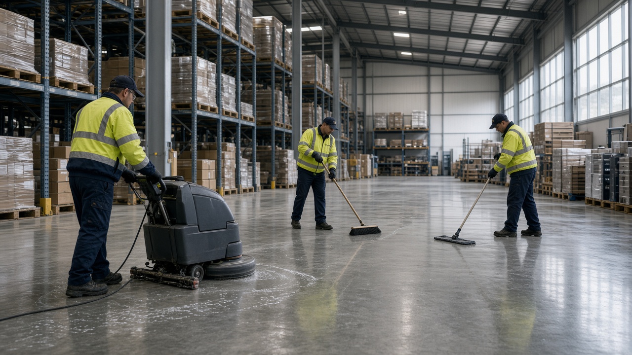 Industrial cleaning team in a Newcastle warehouse