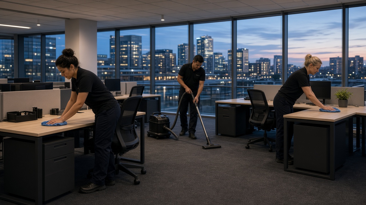 Office cleaning team cleaning desks in a Newcastle CBD office